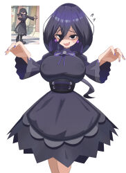  1girl absurdres alternate_breast_size bags_under_eyes black_corset black_dress black_eyes breasts commentary_request corset covered_erect_nipples cowboy_shot dress earrings fang flying_sweatdrops ghost_pose gloom_(expression) hair_between_eyes hands_up hex_maniac_(pokemon) hex_maniac_(pokemon_legends:_z-a) highres jewelry juliet_sleeves large_breasts long_hair long_sleeves looking_at_viewer nanukotu nintendo official_art_inset open_mouth pokemon pokemon_legends:_z-a puffy_sleeves purple_nails simple_background skin_fang smile solo sphere_earrings 