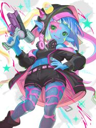  1girl absurdres bare_shoulders belt black_coat black_tank_top blue_hair blue_skin coat colored_skin colorful_background crop_top final_fantasy final_fantasy_xiv from_below green_eyes grin halftone hat headphones headphones_around_neck highres hm_(toraoh) hood lalafell monster_girl paint_gun paint_splatter pink_belt pointy_ears short_hair slime_girl smile solo splatter_background sugar_riot tank_top 