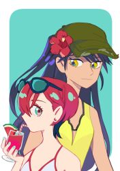  2girls amate_yuzuriha aqua_background aqua_eyes cup dark-skinned_female dark_skin drinking drinking_straw drinking_straw_in_mouth eyewear_on_head flower food fruit gundam gundam_gquuuuuux hair_flower hair_ornament hat highres holding holding_cup jacket long_hair multiple_girls nyaan_(gundam_gquuuuuux) purple_hair red_hair rhelia short_hair simple_background smile summer sunglasses swimsuit upper_body watermelon watermelon_slice yellow_eyes 