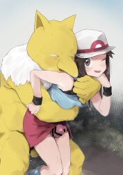  1boy 1girl absurdres bar_censor brown_eyes brown_hair censored commentary_request gen_1_pokemon hand_on_another&#039;s_wrist hand_up hat highres hug hug_from_behind hypno interspecies leaf_(pokemon) mochimochi_momo nintendo one_eye_closed open_mouth penis pokemon pokemon_(creature) pokemon_frlg pokephilia red_skirt shirt skirt sleeveless sleeveless_shirt smile socks textless_version thigh_sex white_hat wristband 
