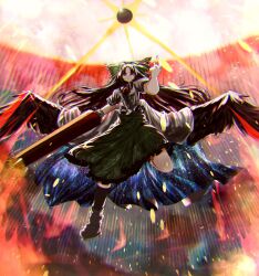  1girl arm_cannon black_socks black_sun bow brown_eyes brown_hair brown_wings cape closed_mouth collared_shirt commentary_request control_rod_(touhou) embers expressionless feathered_wings flying frilled_shirt_collar frilled_skirt frills full_body green_bow green_skirt hair_bow hair_over_one_eye highres long_hair looking_at_viewer pointing pointing_up print_cape puffy_short_sleeves puffy_sleeves reiuji_utsuho shirt short_sleeves skirt socks solo starry_sky_print stk_(satsuki) sun third_eye touhou two-sided_cape two-sided_fabric weapon white_cape white_shirt wings 