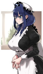  1girl absurdres ahoge apron black_dress blue_eyes blue_hair braid breasts closed_mouth dress frilled_apron frilled_hat frills hair_intakes hair_over_shoulder hashtag-only_commentary hat highres hololive hololive_english juliet_sleeves large_breasts long_hair long_sleeves maid mob_cap official_alternate_costume official_alternate_hairstyle ouro_kronii ouro_kronii_(maid) puffy_sleeves sho-n-d solo twin_braids victorian_maid virtual_youtuber white_apron white_hat 