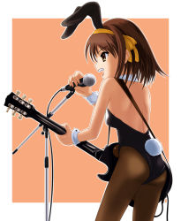  00s 1girl animal_ears backless_outfit brown_hair detached_collar fake_animal_ears female_focus from_side god_knows guitar instrument leotard music outline outside_border pantyhose playboy_bunny rabbit_ears rabbit_tail short_hair singing solo suzumiya_haruhi suzumiya_haruhi_no_yuuutsu tail white_outline 