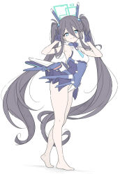  1girl absurdly_long_hair aris_(blue_archive) aris_(mecha_suit)_(blue_archive) bare_arms bare_legs bare_shoulders barefoot black_hair blue_eyes blue_leotard blue_skirt closed_mouth double_v hair_between_eyes highres leotard long_hair looking_at_viewer official_alternate_costume sidelocks skirt smile solo t1kosewad twintails v very_long_hair 