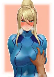  1boy 1girl adorable_face blonde_hair blue_eyes blush breasts breath breathing embarrassed frown groping_breast hand_on_another&#039;s_chest heavy_breathing highres imminent_penetration large_breasts metroid nervous nintendo pipipikkeru ponytail samus_aran shy sweat vapor zero_suit 