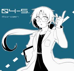  1girl aqua_theme asupirin bad_id bad_pixiv_id blue_theme character_name female_focus glasses lab_coat long_hair monochrome morgan_(seihou) seihou solo 