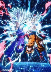  2boys blue_boots blue_sash boots clenched_hand dougi dragon_ball dragon_ball_super dragon_ball_super_super_hero electricity father_and_son full_body gohan_beast grey_eyes grey_hair highres kamehameha_(dragon_ball) limandao long_hair male_focus medium_hair multiple_boys muscular muscular_male open_mouth orange_pants pants purple_pants purple_shirt red_eyes red_sash sash shirt sleeveless sleeveless_shirt son_gohan son_goku spiked_hair teeth tongue topless_male torn_clothes torn_pants ultra_instinct 