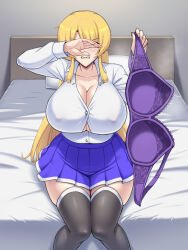  1girl blonde_hair bra breasts cleavage covering_eyes huge_breasts irina_(kawanuma_uotsuri) kawanuma_uotsuri long_hair solo underwear 