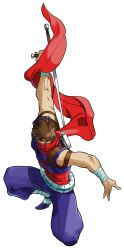 1990s_(style) 1998 1boy absurdres bengus bladed_tonfa brown_eyes brown_hair capcom fighting_stance game_cg highres male_focus marvel marvel_vs._capcom mask mouth_mask ninja non-web_source official_art red_mask red_scarf retro_artstyle scarf short_hair solo strider_(video_game) strider_hiryuu tonfa weapon wrist_wrap 