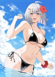  1girl :d absurdres aika_(reia_76) bikini black_bikini blue_sky breasts cloud collarbone day grey_hair highres large_breasts looking_at_viewer multicolored_hair ocean open_mouth original outdoors partially_submerged purple_eyes red_hair reia_76 short_hair side-tie_bikini_bottom sky smile solo swimsuit teeth upper_teeth_only wet wrist_cuffs 