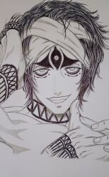  1boy arm_tattoo bandana close-up cropped_torso extra_arms extra_eyes facing_viewer finger_on_cheek finger_tattoo greyscale grin hand_on_own_head hands_up highres looking_at_viewer male_focus monochrome multiple_eyes muscular muscular_male shirtless_male shiva_(shuumatsu_no_valkyrie) short_hair shuumatsu_no_valkyrie smile smug solo tattoo teeth thick_eyebrows third_eye toned toned_male topless_male upper_body wrist_tattoo 
