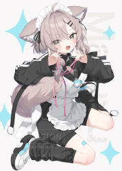  1girl :d animal_ear_fluff animal_ears bandaid bandaid_on_leg bike_shorts black_jacket black_shoes black_socks blush brown_hair commentary_request commission double_fox_shadow_puppet english_text eyes_visible_through_hair fox_shadow_puppet grey_background grey_eyes hair_ornament hair_over_one_eye hairclip hands_up highres jacket jersey_maid kani_biimu long_hair long_sleeves looking_at_viewer loose_socks maid maid_headdress open_mouth original pink_ribbon puffy_long_sleeves puffy_sleeves ribbon shoes sitting sleeves_past_wrists smile socks solo tail unconventional_maid wariza watermark white_shoes 