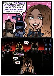  1girl anger_vein animatronic bib black_bow black_bowtie bonnie_(fnaf) bow bowtie brown_hair chica chloeimagine commentary dc_comics english_commentary five_nights_at_freddy&#039;s foxy_(fnaf) freddy_fazbear grey_eyes hat highres hook_hand long_hair m3gan m3gan_(character) red_bow red_bowtie shaded_face speech_bubble sweatdrop top_hat 
