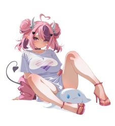  1girl ahoge arm_support bell black_choker blush breasts choker closed_mouth collarbone commentary demon_girl demon_horns demon_tail double_bun english_commentary fingernails grey_tail hair_bell hair_bun hair_ornament heart heart_ahoge heart_hair_ornament heart_print horns ironmouse large_breasts legs long_fingernails looking_at_viewer medium_hair multicolored_hair parted_bangs pink_hair pink_nails pink_sandals pointy_ears purple_eyes purple_hair sandals sansha_art shirt short_sleeves simple_background sitting solo swept_bangs tail toenails toes two-tone_hair virtual_youtuber vshojo white_background white_horns white_shirt 