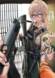 .45_acp 1girl 1other absurdres ammunition ammunition_pouch artist_name assault_rifle barrel bespectacled black-framed_eyewear black_necktie blonde_hair blue_eyes bullet bulletproof_vest cartridge cocking_gun collared_shirt commentary_request flashlight glasses gun gun_sling handgun handgun_cartridge highres iron_bars kimber_custom_tle/rl_ii lithographica looking_at_viewer m16 m16a1 m1911 necktie open_mouth original patch pistol pistol_cartridge police police_uniform ponytail pouch pov pov_hands prison_break prison_cell prison_clothes rifle shared_handcuffs sheriff shirt shoulder_patch weapon 
