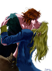  2000 2girls agrias_oaks belt blonde_hair blue_dress breasts brown_hair brown_pants dated dress eugene final_fantasy final_fantasy_tactics green_dress kiss long_hair medium_breasts meliadoul_tengille multiple_girls pants short_hair unworn_clothes upper_body white_background yuri 