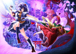  6+girls alice_margatroid black_hair black_socks bug butterfly camera chen cirno daitengu_(abo) daiyousei dragon_god evil_grin evil_smile eye_contact flower full_body futatsuiwa_mamizou futatsuiwa_mamizou_(human) geta glasses grin hair_flower hair_ornament hakurei_reimu hat hieda_no_akyuu highres hijiri_byakuren himekaidou_hatate hinanawi_tenshi hong_meiling hoshiguma_yuugi houraisan_kaguya ibaraki_kasen ibuki_suika inaba_tewi insect inubashiri_momiji iseki_(kuroshura_no_tabiji) izayoi_sakuya japanese_clothes kaku_seiga kamishirasawa_keine kawashiro_nitori kazami_yuuka kijin_seija kirisame_marisa kneehighs kochiya_sanae komeiji_koishi komeiji_satori konpaku_youki konpaku_youmu kumoi_ichirin legs lily_white long_skirt long_sleeves looking_at_another lord_tenma_(touhou) mononobe_no_futo moriya_suwako motoori_kosuzu multiple_girls murasa_minamitsu nagae_iku necktie onozuka_komachi open_mouth original outstretched_arm patchouli_knowledge petals pom_pom_(clothes) puffy_sleeves purple_eyes purple_hair red_eyes reisen_udongein_inaba remilia_scarlet saigyou_ayakashi saigyouji_yuyuko sandals scroll shameimaru_aya shanghai_doll shiki_eiki shirt short_hair short_sleeves skirt smile socks sukuna_shinmyoumaru tatara_kogasa tengu-geta tokin_hat torii touhou toyosatomimi_no_miko two_side_up unzan vest white_legwear wide_sleeves yagokoro_eirin yakumo_ran yakumo_yukari 