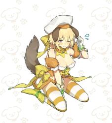  1girl animal_background animal_ears anklet blush boots bracelet breasts cleavage commentary_request detached_collar dog dog_ears dog_girl dog_tail fate/extella fate/extra fate_(series) floppy_ears flying_sweatdrops full_body gloves hat horizontal-striped_thighhighs jeanne_d&#039;arc_(april_magical)_(fate) jeanne_d&#039;arc_(fate) jeanne_d&#039;arc_(ruler)_(fate) jewelry kabutomushi_s medium_breasts one_eye_closed patterned_background rojiura_satsuki:_chapter_heroine_sanctuary sitting solo striped_clothes striped_thighhighs tail thighhighs wariza white_gloves white_hat yellow_boots 