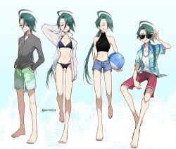  1girl adjusting_eyewear alternate_costume androgynous ball bare_shoulders barefoot beachball bikini blue_background bright_pupils buttons chain chain_necklace closed_eyes collared_shirt drawstring ear_piercing full_body green_hair grin hands_in_pockets long_hair looking_at_viewer male_swimwear mrtk0314 multiple_piercings multiple_views navel necklace nintendo open_clothes open_shirt piercing pokemon pokemon_sv ponytail red_eyes rika_(pokemon) see-through_clothes see-through_shirt shirt shorts sitting smile solo sunglasses swim_trunks swimsuit 