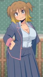  1girl artist_name bambi2000line black_jacket black_skirt blonde_hair blurry blurry_background breasts brown_eyes brown_hair chalkboard classroom cleavage collarbone color_connection commentary company_connection contrapposto cosplay fang fang_out gradient_hair hair_color_connection hand_on_own_hip highres indoors jacket kasamaru_aoi large_breasts light_blush looking_at_viewer multicolored_hair oka_asahi oka_asahi_(cosplay) onii-chan_wa_oshimai! open_clothes open_jacket pleated_skirt ruri_no_houseki shirt short_hair skirt smile solo suspender_skirt suspenders two_side_up white_shirt 