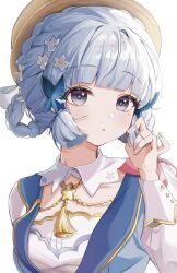  1girl ayaka_(genshin_impact) blue_butterfly blue_dress blue_eyes blue_hair blunt_tresses braid braided_hair_rings brown_hat bug butterfly butterfly_hair_ornament butterfly_ring collar dress earmuffs earmuffs_around_neck flower genshin_impact geumxxi hair_flower hair_ornament hair_rings hand_in_own_hair hat hat_flower highres insect kamisato_ayaka kamisato_ayaka_(springbloom_missive) looking_at_viewer mole mole_under_eye neck_tassel official_alternate_costume official_alternate_hairstyle solo tassel upper_body white_background white_collar 