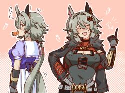  1girl ? ^_^ animal_ears arm_out_of_sleeve arms_at_sides back_bow blush bow breasts caesar_king_(zenless_zone_zero) carrot cleavage closed_eyes clothing_cutout commentary cosplay ear_covers english_commentary facing_viewer fang food food_in_mouth fur_collar gloves green_hair hair_between_eyes hair_intakes hair_ornament hand_on_own_hip hand_up highres horse_ears horse_girl horse_tail iheartmessiah index_finger_raised jacket kemonomimi_mode large_breasts long_hair long_sleeves looking_at_viewer low_ponytail mouth_hold multiple_views orange_eyes ponytail prosthesis prosthetic_arm school_uniform shirt short_sleeves sideways_glance single_ear_cover single_glove skirt spoken_question_mark sweat tail tail_through_clothes taut_clothes taut_shirt tracen_school_uniform umamusume upper_body v-shaped_eyebrows vegetable very_long_hair zenless_zone_zero 