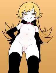  &gt;:) 1girl akableak black_gloves black_thighhighs blonde_hair blush blush_stickers choker cleft_of_venus fang fang_out flat_chest from_below full_cleft gloves gluteal_fold gradient_background hand_on_own_hip highres loli long_hair monogatari_(series) narrowed_eyes navel nipples nude oshino_shinobu pink_choker pussy smug solo thighhighs v-shaped_eyebrows yellow_background yellow_eyes 