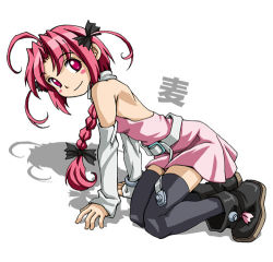  00s 1girl ahoge ajino_hiraki_(mount_punch) ankle_boots arm_warmers bare_shoulders belt black_thighhighs blush_stickers boots braid detached_sleeves dress female_focus lowres nakahara_komugi nurse_witch_komugi-chan pink_eyes pink_hair solo soul_taker thighhighs zettai_ryouiki 