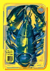  analogous_colors barcode blue_theme border food_packaging highres junbuug lobster lobster_claw no_humans original seafood still_life styrofoam yellow_border 
