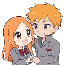  &gt;:) 1boy 1girl :d b_eaka bleach blush bow bowtie brown_eyes chibi chibi_only closed_mouth collared_shirt commentary grey_jacket happy headpat holding_hands inoue_orihime jacket karakura_high_school_uniform kurosaki_ichigo long_hair long_sleeves looking_at_another open_mouth orange_hair parted_bangs red_bow red_bowtie school_uniform shirt simple_background smile spiked_hair split_mouth straight_hair tareme tsurime upper_body v-shaped_eyebrows white_background white_shirt 