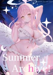  1girl :3 angel_wings arm_up bikini blue_archive blush breasts choker closed_mouth collarbone feathered_wings fingernails frilled_bikini frills halo highres huge_breasts long_hair looking_at_viewer low_wings mika_(blue_archive) mika_(swimsuit)_(blue_archive) nail_polish navel night outdoors palm_tree pink_hair pink_halo pink_nails pulling_own_clothes saki_(saki_paint) skindentation smile solo stomach strap_pull string_bikini sweat swimsuit tree white_bikini white_choker white_wings wings yellow_eyes 