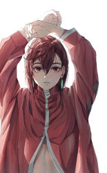  1girl absurdres arms_up ayase_momo big_chunger brown_eyes brown_hair dandadan earrings highres jacket jewelry looking_at_viewer parted_lips partially_unzipped red_jacket simple_background solo white_background 