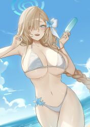  1girl absurdres alternate_costume asuna_(blue_archive) bare_arms bare_shoulders bikini blonde_hair blue_archive blue_bikini blue_flower blue_nails blush breasts cleavage flower food french_braided_ponytail hair_flower hair_ornament hair_over_one_eye hair_ribbon highres holding holding_food holding_popsicle large_breasts long_hair majorinring navel ocean open_mouth popsicle ribbon sidelocks solo stomach swimsuit teeth upper_teeth_only white_ribbon 