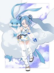  1girl 1other 7himari altaria bird blue_bird blue_gloves boots breasts closed_mouth detached_sleeves flying_miku_(project_voltage) full_body gen_3_pokemon gloves hair_between_eyes hair_ornament hand_on_another&#039;s_chin hatsune_miku highres long_hair long_sleeves looking_at_viewer medium_breasts nintendo official_alternate_costume official_alternate_hairstyle poke_ball pokemon project_voltage see-through_clothes see-through_skirt see-through_sleeves shirt shorts shorts_under_skirt single_glove skirt sleeveless sleeveless_shirt smile socks thighhighs twintails very_long_hair vocaloid white_boots white_socks white_thighhighs 