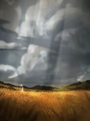 1girl artist_name dress from_behind grass hat landscape lens_flare light_particles limited_palette original outdoors painterly scenery signature straw_hat tall_grass white_dress zandra 