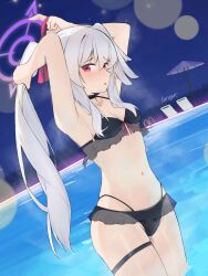  alternate_costume alternate_hairstyle arms_behind_head beach_chair beach_umbrella bikini bikini_ribbon black_bikini black_choker blue_archive blush choker commentary english_commentary frills grey_hair halo head_wings highres lens_flare long_hair looking_at_viewer lumayian night night_sky outdoors pool purple_halo red_eyes ribbon sideways_glance single_head_wing sky solo sparkle suzumi_(blue_archive) swimsuit thigh_strap tying_hair umbrella wet white_hair wings 