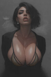 1girl black_hair black_jacket bra breasts cleavage commentary earrings english_commentary fashion hair_over_one_eye ickpot jacket jewelry large_breasts lingerie looking_at_viewer mature_female original realistic short_hair solo underwear upper_body rating:Sensitive score:69 user:danbooru