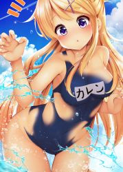 1girl blonde_hair blue_one-piece_swimsuit blue_sky blush bodypaint breasts character_name cleavage cloud collarbone contrail day dissolving_clothes false_clothes female_focus hair_censor hair_ornament highres kin-iro_mosaic kujou_karen leaning_forward long_hair looking_at_viewer medium_breasts minato_ojitan naked_paint name_tag navel nude one-piece_swimsuit open_mouth outdoors painted_clothes purple_eyes school_swimsuit sky solo splashing swimsuit thigh_gap very_long_hair wading water water_drop x_hair_ornament rating:Questionable score:62 user:danbooru