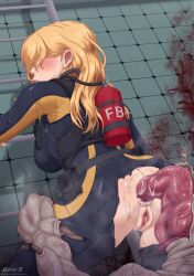  1girl 1other after_vaginal aftersex anal anus artist_name ass ass_focus black_bodysuit blonde_hair blush bodysuit breasts capcom censored cum cum_in_ass cum_in_pussy cum_overflow facing_viewer feet_out_of_frame from_behind grabbing_another&#039;s_thigh hair_over_eyes harness highres huge_ass indoors large_breasts large_variant_set lips long_hair malkior--x monster mosaic_censoring other_with_female oxygen_tank paid_reward_available parted_lips pussy rachael_foley rape resident_evil resident_evil:_revelations sex teeth tentacle_sex tentacles thick_thighs thighs torn_bodysuit torn_clothes two-tone_bodysuit variant_set yellow_bodysuit 
