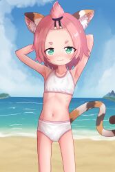  1girl :3 absurdres animal_ears armpits arms_behind_head arms_up beach blue_sky blush bra cat_ears cat_girl cat_tail closed_mouth cloud collarbone cowboy_shot day diona_(genshin_impact) dot_nose eyelashes fang female_focus flat_chest genshin_impact green_eyes highres kommandoh loli looking_at_viewer mihoyo navel ocean outdoors panties pink_bra pink_hair pink_panties ribs sand short_hair sky solo standing tail thick_eyebrows two-tone_bra two-tone_panties underwear water white_bra white_panties 