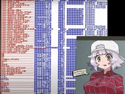  1girl backwards_hat baseball_cap breasts censored_profanity commentary english_text fruithead genderswap genderswap_(mtf) grey_hair hat highres inset large_breasts looking_at_viewer medium_hair plaid_clothes plaid_shirt real_life red_shirt shirt solo speech_bubble templeos terry_a_davis white_hat yellow_eyes 