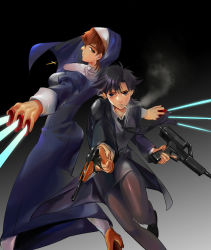2girls asymmetrical_dual_wielding bad_id bad_pixiv_id between_fingers black_hair black_keys_(type-moon) brown_hair calico_(pattern) calico_m950 calico_m950a cigarette dress dual_wielding emiya_kiritsugu fate/zero fate_(series) formal_clothes gender_request genderswap gun habit handgun hat helical_magazine high-capacity_magazine holding kotomine_kirei multiple_girls nun pantyhose pistol rifle-caliber_handgun rifle-caliber_pistol samel10 skirt skirt_suit ssam_(samel10) submachine_gun suit thompson/center_contender weapon rating:Sensitive score:7 user:danbooru