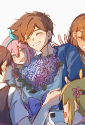  1girl 4boys absurdres antenna_hair aubrey_(faraway)_(omori) aubrey_(omori) bailan1130 basil_(faraway)_(omori) basil_(omori) black_hair black_sweater_vest blonde_hair blue_bow blue_eyes blue_flower blue_hairband blue_rose blue_sweater bouquet bow brown_hair camera closed_eyes closed_mouth collared_shirt dark-skinned_male dark_skin flower grin hair_flower hair_ornament hairband hero_(faraway)_(omori) hero_(omori) highres holding holding_bouquet holding_camera kel_(faraway)_(omori) kel_(omori) long_hair long_sleeves looking_at_another multiple_boys omori open_mouth parted_lips pink_hair rose shirt short_hair short_sleeves simple_background smile sweater sweater_vest teeth upper_teeth_only white_background white_shirt 