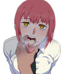 1boy 1girl chainsaw_man cum cum_in_mouth formal_clothes looking_at_viewer makima_(chainsaw_man) male_hand mantan open_mouth pov pov_hands red_hair solo_focus stray_pubic_hair suit tagme teeth tongue upper_body uvula white_background rating:Explicit score:118 user:BIMBO_BREAD