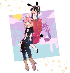  2girls absurdres animal_ears anya_(spy_x_family) awarinko black_dress black_hair black_pantyhose black_shoes blush boots brown_boots child collarbone dango dress earrings fake_animal_ears food hairband hairpods high_heel_boots high_heels highres horn_ornament horns jewelry long_sleeves mary_janes mother_and_daughter multiple_girls off-shoulder_dress off_shoulder open_mouth pantyhose pink_hair rabbit_ears red_dress red_eyes sanbou shoes signature sitting sitting_on_lap sitting_on_person socks spy_x_family star_(symbol) sweater sweater_dress tsukimi tsukimi_dango twitter_username wagashi white_hairband yor_briar 