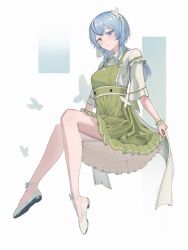  1girl alternate_costume blue_hair blush breasts closed_mouth collared_shirt colored_eyelashes commentary_request dress green_dress hair_ornament highres inficer invisible_chair long_hair looking_at_viewer medium_breasts paid_reward_available purple_eyes shirt shoes shorekeeper_(wuthering_waves) sitting solo variant_set white_shirt white_shoes wrist_cuffs wuthering_waves 
