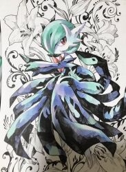  alternate_color bad_id bad_twitter_id black_dress black_gloves blue_hair colored_skin dress elbow_gloves floral_background gardevoir gen_3_pokemon gloves hair_over_one_eye highres izumi_asuka mega_gardevoir mega_pokemon nintendo photo_(medium) pink_eyes pokemon pokemon_(creature) shiny_pokemon traditional_media white_skin 