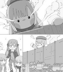  4girls anger_vein bang_dream! bang_dream!_it&#039;s_mygo!!!!! building closed_mouth collared_shirt commentary hair_ribbon hat highres jacket misumi_uika mortis_(bang_dream!) mortis_(costume)_(bang_dream!) multiple_girls panties ribbon samename111 scarf shingeki_no_kyojin shirt smoke togawa_sakiko two_side_up underwear wakaba_mutsumi wakaba_mutsumi_(doll) 