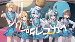  2boys 3girls :d ;d animal_ear_fluff animal_ears black_bow blonde_hair blue_eyes blue_hair blue_sailor_collar blue_skirt bob_cut bow brown_cardigan brown_eyes brown_hair cardigan character_request closed_mouth copyright_request cosplay crossdressing green_jacket grey_hair hair_between_eyes hair_bow hairband hare_hare_yukai inari_iroha index_finger_raised inuyama_tamaki jacket kita_high_school_uniform kumagaya_takuma legs long_hair multiple_boys multiple_girls nagato_yuki nagato_yuki_(cosplay) noripro one_eye_closed open_cardigan open_clothes open_mouth pleated_skirt red_ribbon regrush_lionheart ribbon sailor_collar school_uniform serafuku shirt short_hair sidelocks skirt smile standing striped_bow suzumiya_haruhi suzumiya_haruhi_(cosplay) suzumiya_haruhi_no_yuuutsu trap tsukudani_norio tsukudani_norio_(vtuber) two_side_up virtual_youtuber wavy_hair white_hairband white_shirt winter_uniform 
