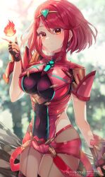  1girl absurdres armor backless_outfit black_gloves bob_cut breasts chest_jewel core_crystal_(xenoblade) earrings fingerless_gloves floating_earrings gloves highres impossible_clothes jewelry large_breasts mitorine0310 nintendo pantyhose pantyhose_under_shorts pyra_(xenoblade) red_eyes red_hair red_shorts short_hair short_sleeves shorts shoulder_armor smile solo super_smash_bros. suspenders swept_bangs thighhighs thighhighs_over_pantyhose tiara xenoblade_chronicles_(series) xenoblade_chronicles_2 